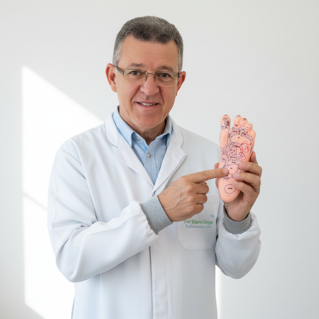 Roberto, especialista em Reflexologia Podal, demonstrando os pontos reflexos do pé